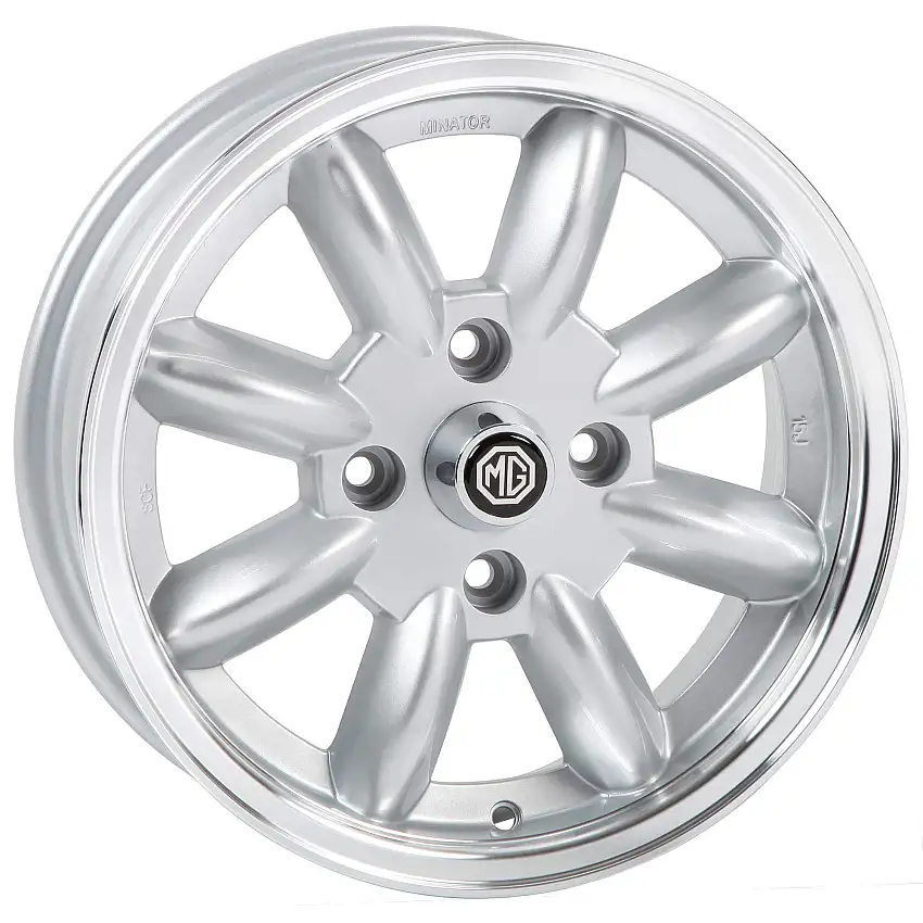 Silver Minilite Style Bolt-On Wheels with polished rim, 15" x 5.5", MGB+1