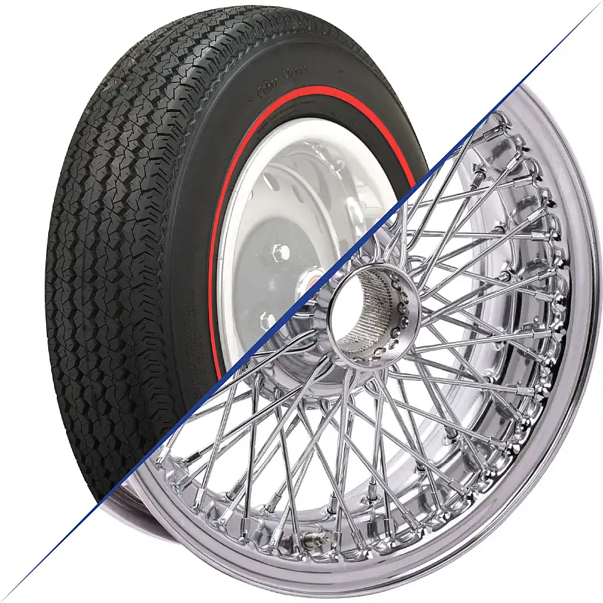 15"x5", 72 Spoke, Chrome Wire Wheel with Coker Redline Tire