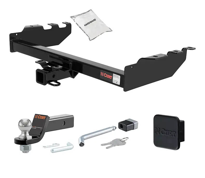01 - 06 Chevrolet Silverado 1500 HD Excluding roll pan bumper, Tommy Gate lift or 10" drop bumper 2in. CURT Trailer Hitch + Ball Mount + Cover + Lock Kit HWA434