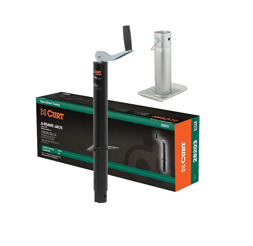 CURT 2,000 lbs, 15" Travel A-Frame Jack with Top Handle Packaged + 8-1/2 in. Foot Plate