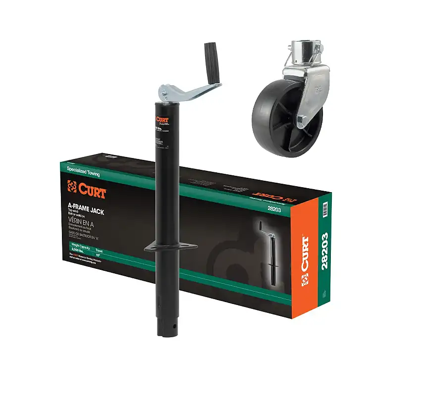 CURT 2,000 lbs, 15" Travel A-Frame Jack with Top Handle Packaged + 6 in. Caster Wheel