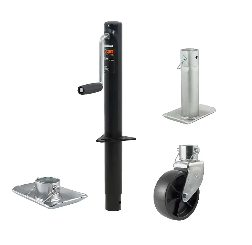 CURT 2,000 lbs, 14-1/2" Travel A-Frame Trailer Jack with Side Handle + 6 in. Caster + 1-11/16 in Foot Plate + 8-1/2 in. Footplate Kit