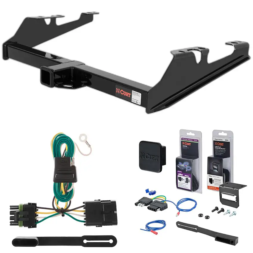 88 - 00 Chevrolet C3500 Excluding with dual exhaust, 4-door crew cab, 10" step bumper or cab & chassis Curt 2" Class 3 Trailer Tow Hitch + 5-Flat Wiring Kit Tow Boat/Utility Trailer with Surge Brakes 13082