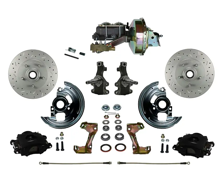 LEED Brakes BFC1007-E1A1X Power Kit with 2" Drop Spindles Drilled Rotors and Black Powder Coated Calipers