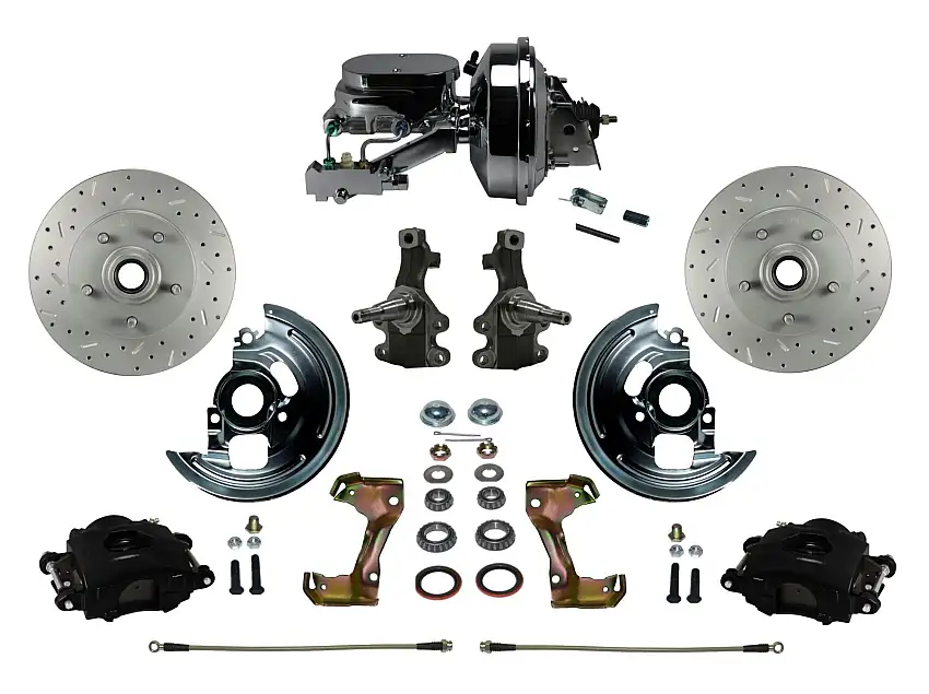 LEED Brakes BFC1007-F6B2X Power Kit with 2" Drop Spindles Drilled Rotors and Black Powder Coated Calipers