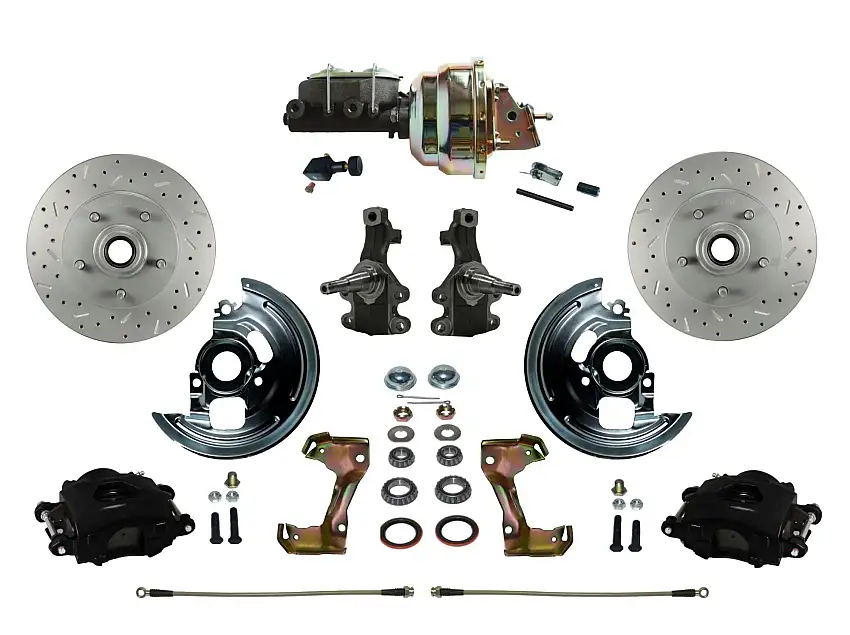 LEED Brakes BFC1007-M105X Power Kit with 2" Drop Spindles Drilled Rotors and Black Powder Coated Calipers