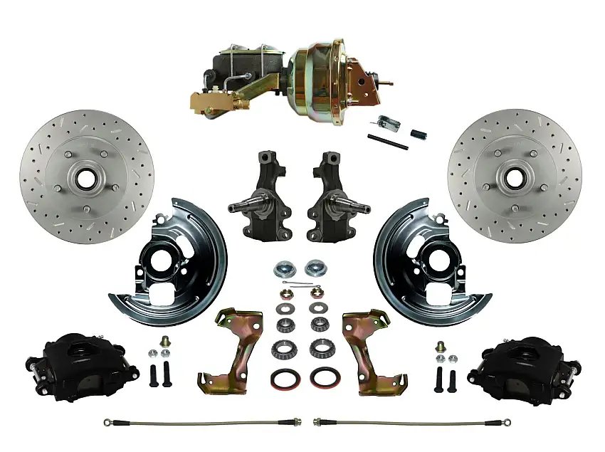 LEED Brakes BFC1007-M1A1X Power Kit with 2" Drop Spindles Drilled Rotors and Black Powder Coated Calipers