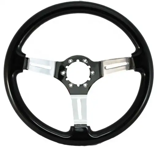 WHEEL-STEERING-BLACK WOOD FINISH-CHROME SPOKES WITH SLOTS-63-82 (#E16377)