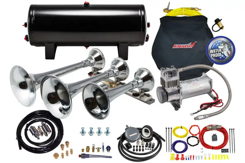 Kleinn Model HK8 ProBlaster™ Triple Chrome Train Horn Kit with 150 PSI Waterproof, 100% Duty Cycle Air Compressor & 3.0 gal Air Tank | HK8