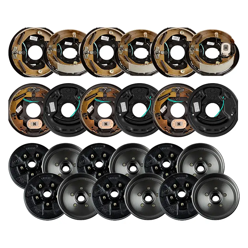 Lippert 3,500 lb Electric Brake Kit – 6 Brake Drum Hubs (10", 5 on 4.5", 1/2" Stud with Bearing Cone) with 3 Left & 3 Right Electric Brake Assemblies (10" x 2.25")