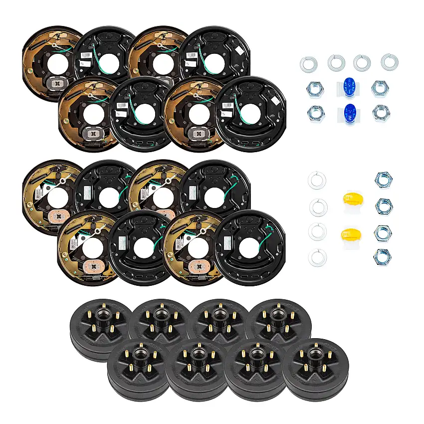 Lippert 3,500 lb 20" RV Brake Kit – 8 Brake Drum Hubs (5 on 4.5", 1/2" Stud) with 4 Left & 4 Right Forward Self-Adjusting Brake Assemblies (10" x 2.25")