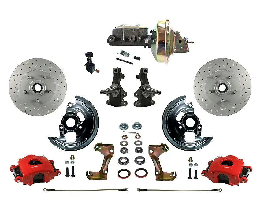 LEED Brakes RFC1007-E105X Power Kit with 2" Drop Spindles Drilled Rotors and Red Powder Coated Calipers