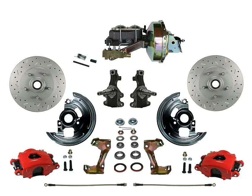 LEED Brakes RFC1007-E1A3X Power Kit with 2" Drop Spindles Drilled Rotors and Red Powder Coated Calipers