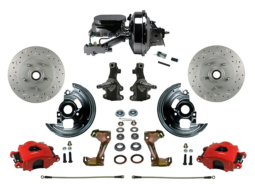 LEED Brakes RFC1007-F6B4X Power Kit with 2" Drop Spindles Drilled Rotors and Red Powder Coated Calipers