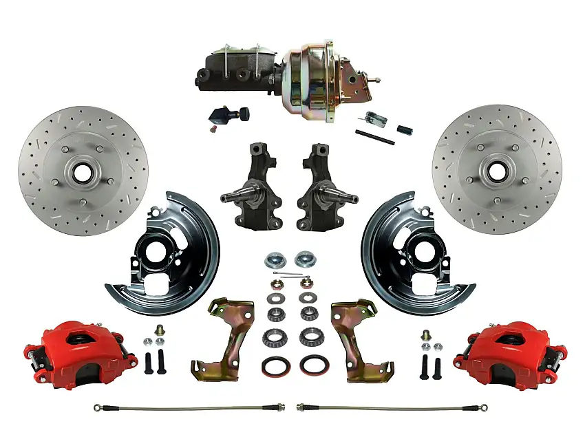 LEED Brakes RFC1007-M105X Power Kit with 2" Drop Spindles Drilled Rotors and Red Powder Coated Calipers