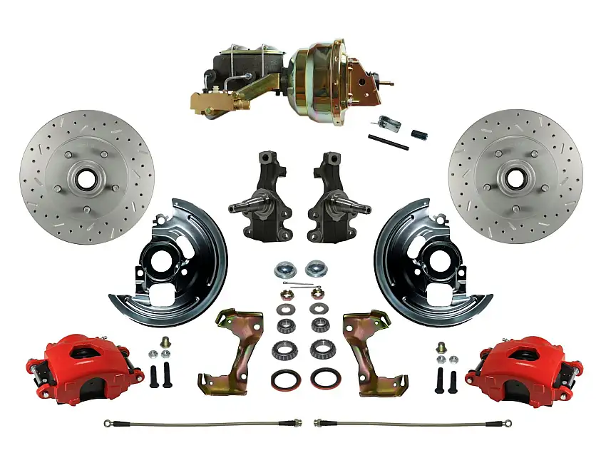 LEED Brakes RFC1007-M1A3X Power Kit with 2" Drop Spindles Drilled Rotors and Red Powder Coated Calipers