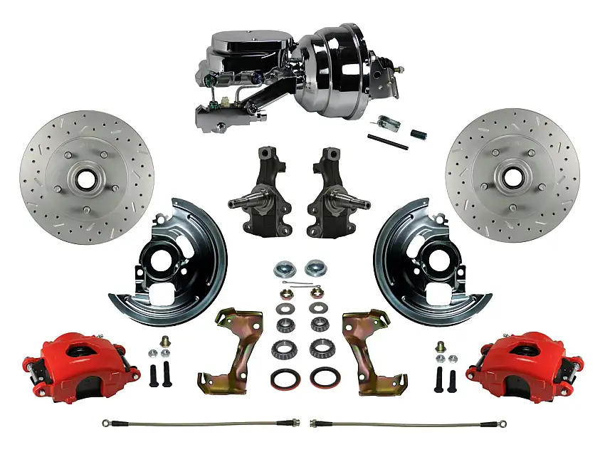 LEED Brakes RFC1007-N6B4X Power Kit with 2" Drop Spindles Drilled Rotors and Red Powder Coated Calipers