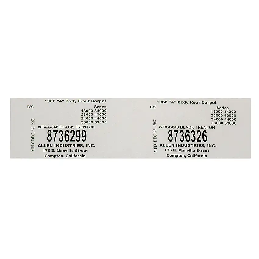 1968 GM A-body Carpet Tag Front & Rear